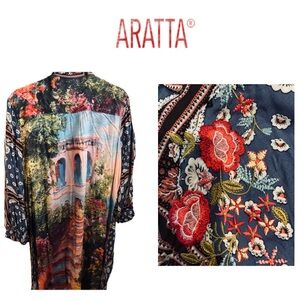 Aratta Embroidered Blue Floral Tunic Shirt with side slits.